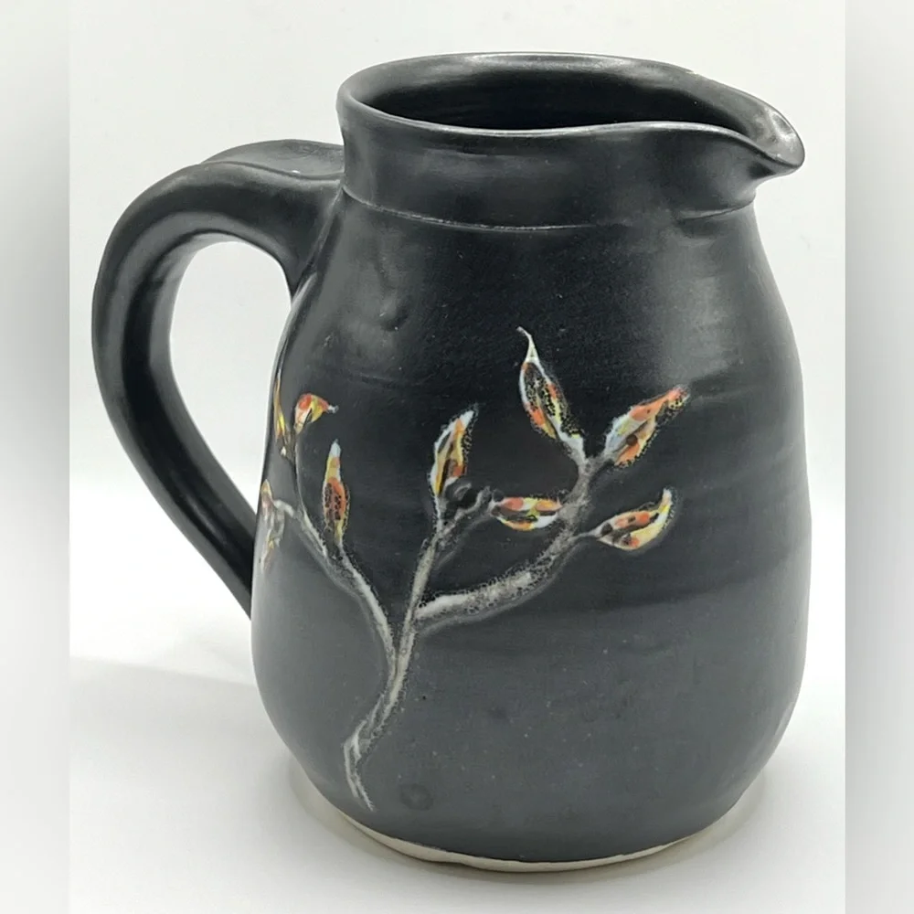 Studio Art Pottery Ceramic Black Pitcher Floral Design Heavy Decorative Vase 5.5